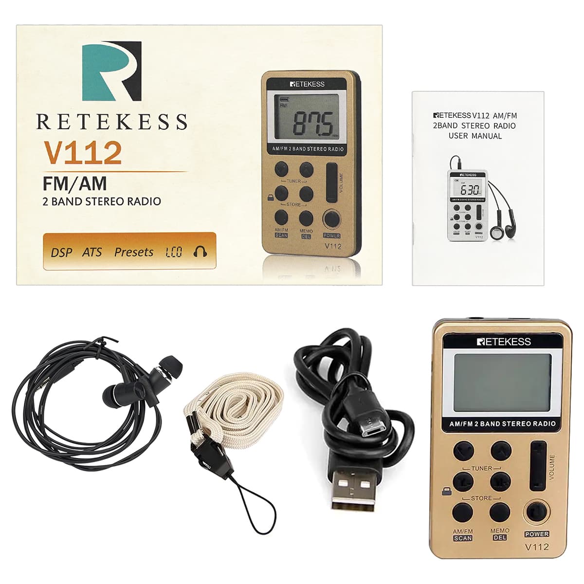 Retekess V112 Radio Portátil Pequeña, Mini Radio Digital de Bolsillo,  Transistores Am FM,USB Recargable, Temporizador, Auriculares,Sueño, (Oro) :  : Electrónica