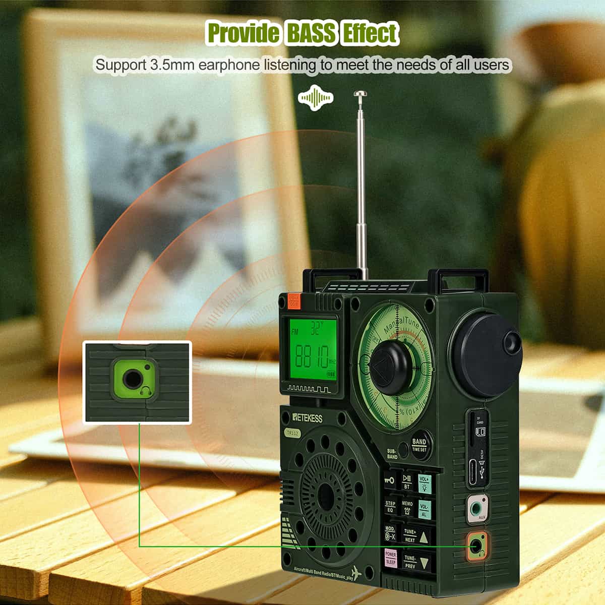 Retekess Radio portátil de onda corta TR112, receptor de radio multibanda,  control de aplicación, AM FM SW AIR VHF WB receptor con Bluetooth, TF, 6