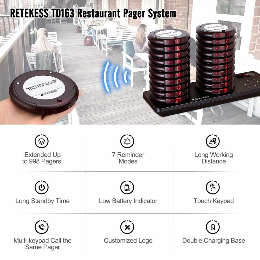 Retekess TD163 Wireless Restaurant Paging System with 20 Coaster Buzzers