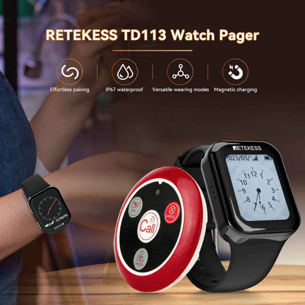 Retekess Restaurant Call System TD113 IP67 Waterproof Watch Receiver With T117 Call Button